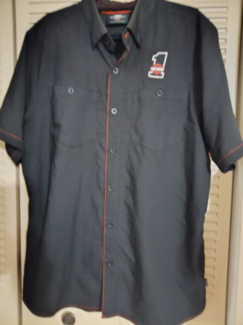 Harley-Davidson Black Short-Sleeve Button-Down Shirt with Orange Piping